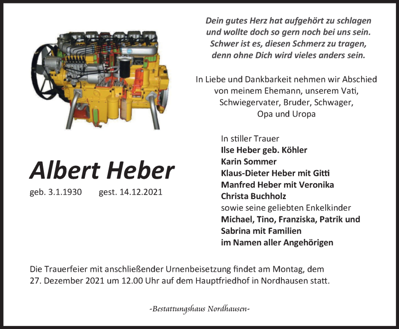  Traueranzeige für Albert Heber vom 21.12.2021 aus Thüringer Allgemeine