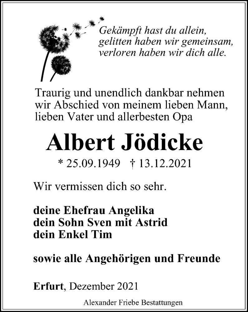  Traueranzeige für Albert Jödicke vom 23.12.2021 aus Thüringer Allgemeine, Thüringische Landeszeitung