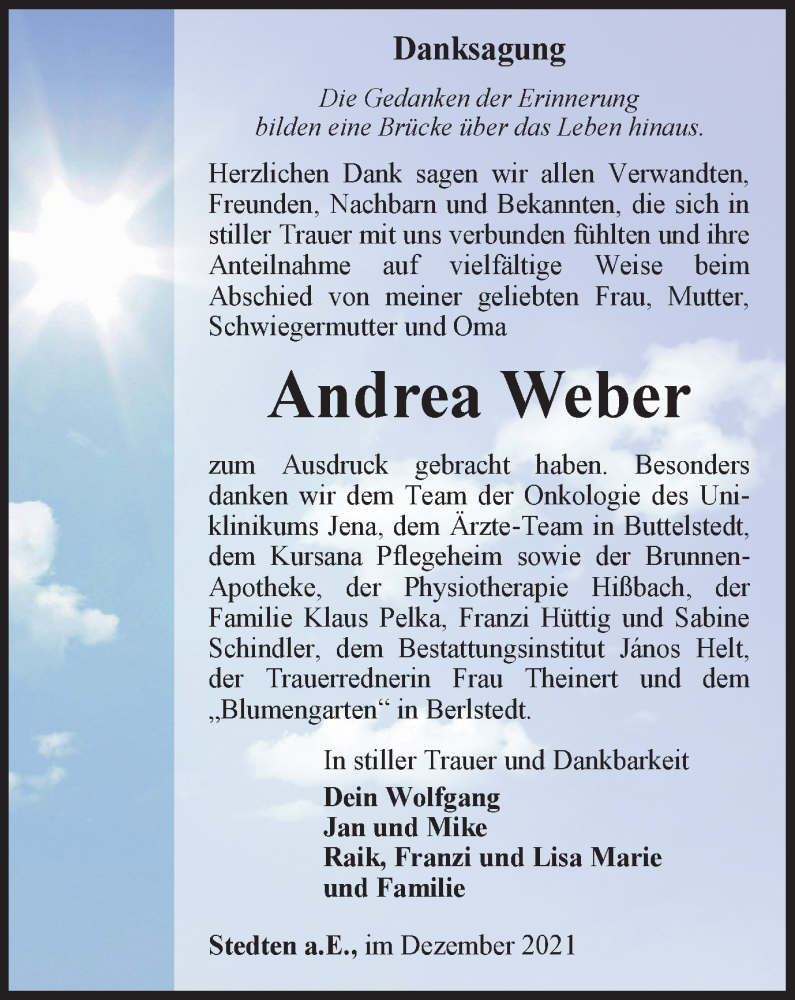  Traueranzeige für Andrea Weber vom 31.12.2021 aus Thüringer Allgemeine, Thüringische Landeszeitung