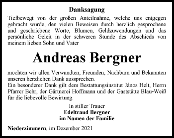 Traueranzeige von Andreas Bergner von Thüringer Allgemeine, Thüringische Landeszeitung