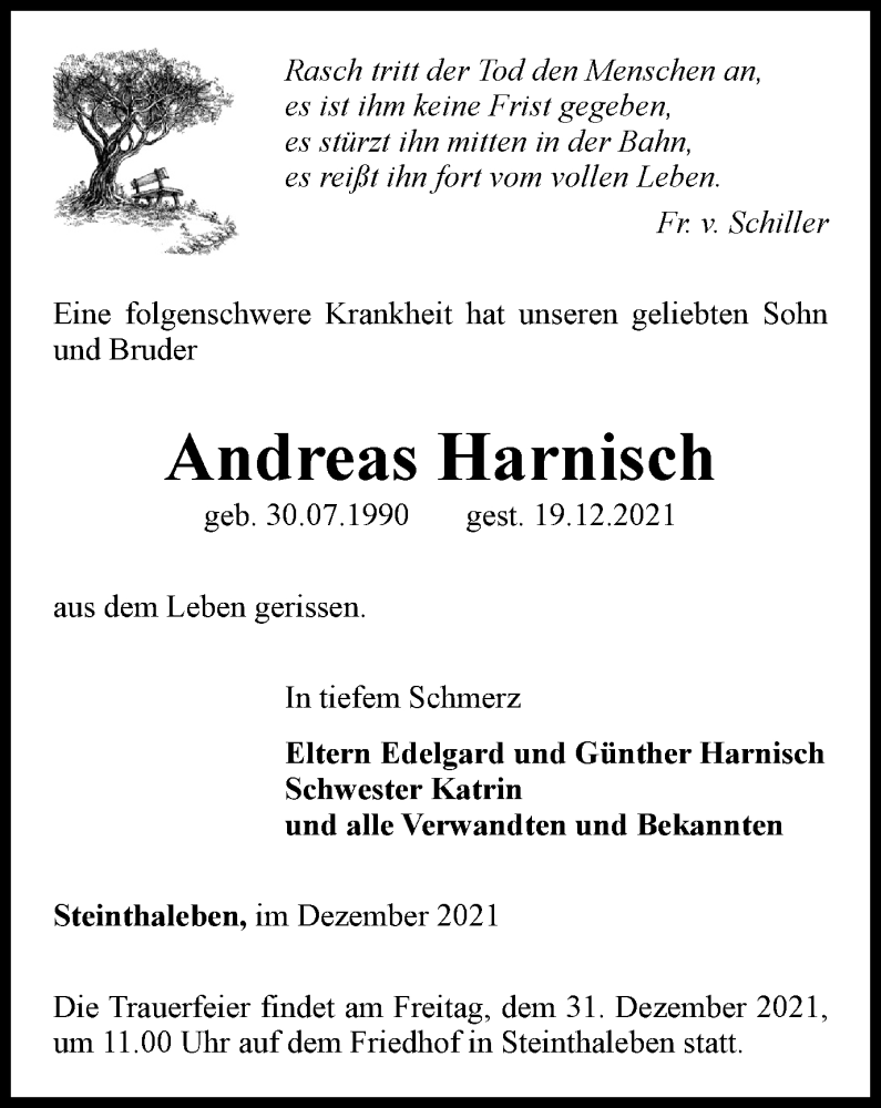  Traueranzeige für Andreas Harnisch vom 29.12.2021 aus Thüringer Allgemeine