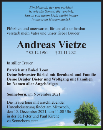 Traueranzeige von Andreas Vietze von Thüringer Allgemeine, Thüringische Landeszeitung