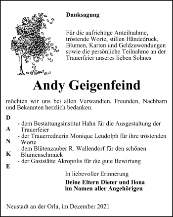 Traueranzeige von Andy Geigenfeind