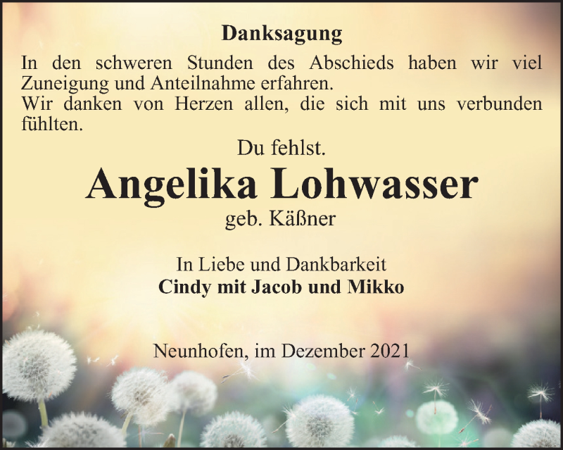  Traueranzeige für Angelika Lohwasser vom 31.12.2021 aus Ostthüringer Zeitung