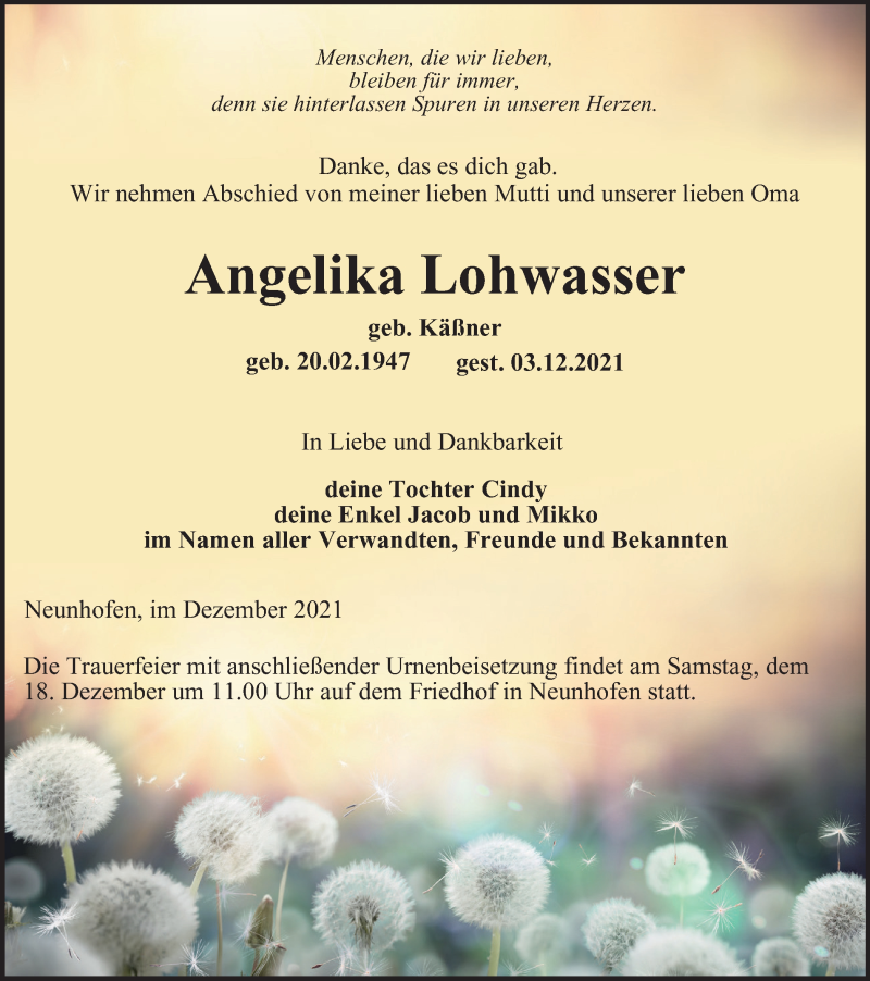  Traueranzeige für Angelika Lohwasser vom 11.12.2021 aus Ostthüringer Zeitung