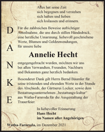 Traueranzeige von Annelie Hecht von Thüringer Allgemeine, Thüringische Landeszeitung