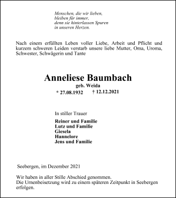 Traueranzeige von Anneliese Baumbach von Thüringer Allgemeine, Thüringische Landeszeitung