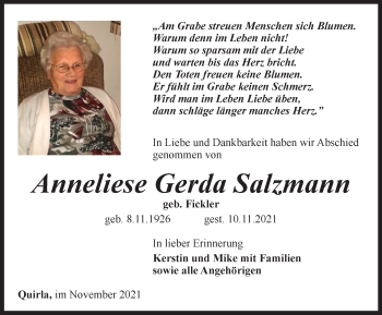 Traueranzeigen von Anneliese Gerda Salzmann | trauer-in-thueringen.de