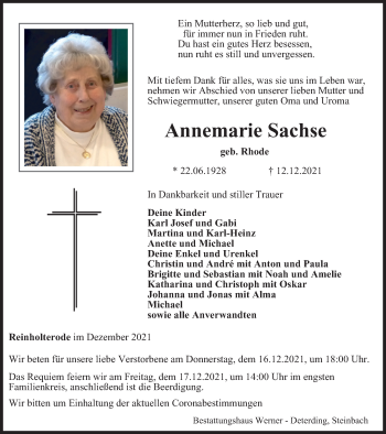 Traueranzeige von Annemarie Sachse von Thüringer Allgemeine