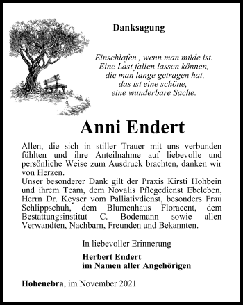 Traueranzeige von Anni Endert von Thüringer Allgemeine