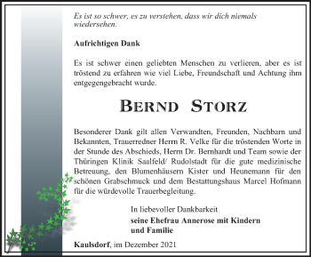 Traueranzeige von Bernd Storz von Ostthüringer Zeitung