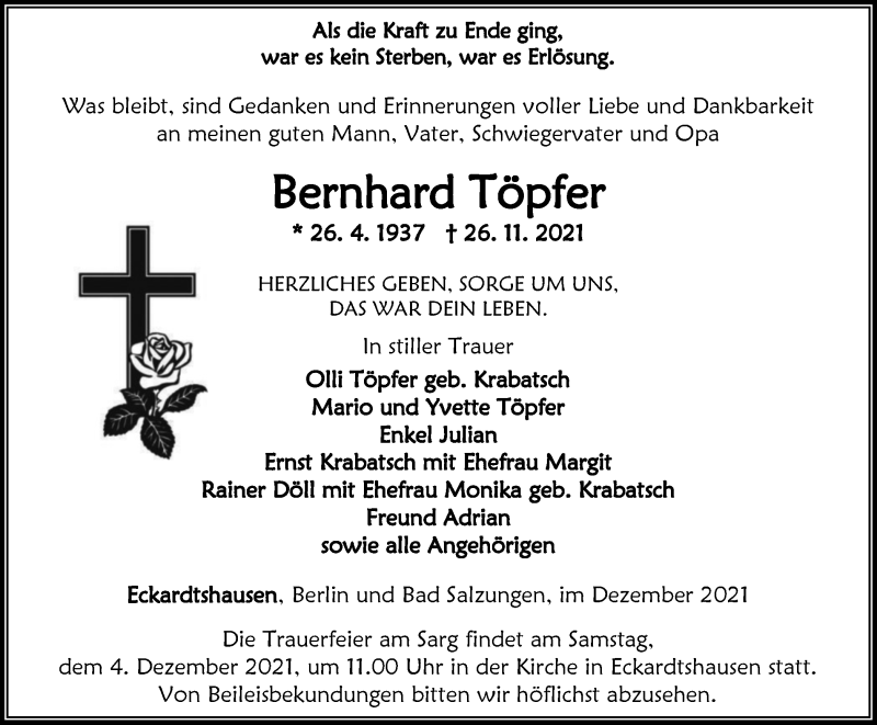  Traueranzeige für Bernhard Töpfer vom 01.12.2021 aus Thüringer Allgemeine, Thüringische Landeszeitung