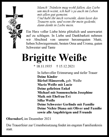 Traueranzeige von Brigitte Weiße von Ostthüringer Zeitung