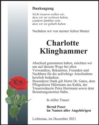 Traueranzeige von Charlotte Klinghammer