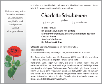 Traueranzeige von Charlotte Schuhmann von Ostthüringer Zeitung