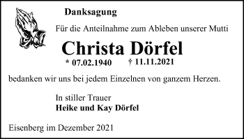 Traueranzeige von Christa Dörfel von Ostthüringer Zeitung