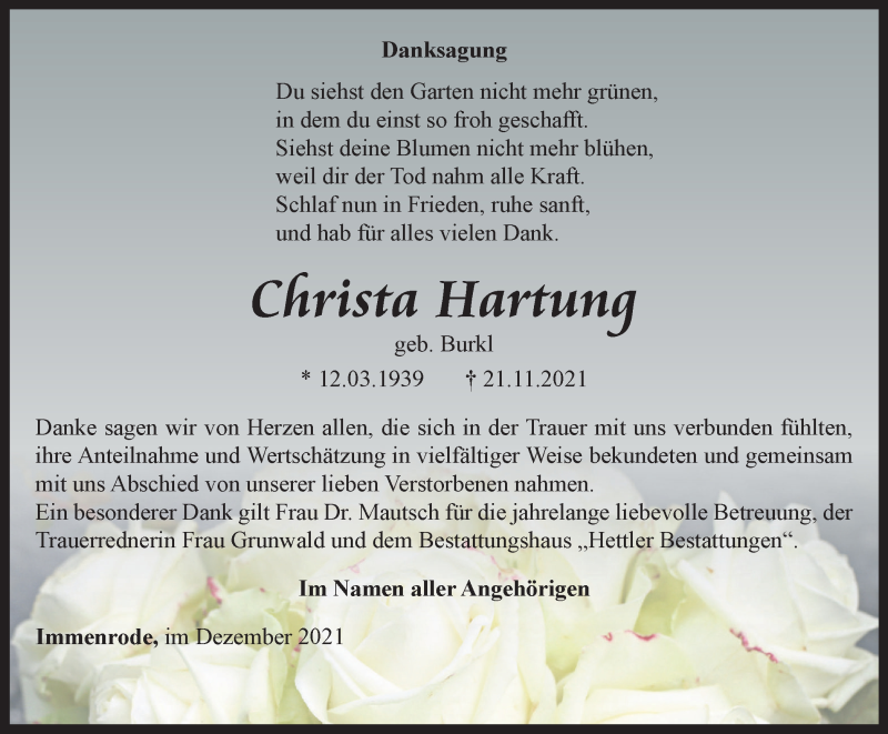  Traueranzeige für Christa Hartung vom 18.12.2021 aus Thüringer Allgemeine