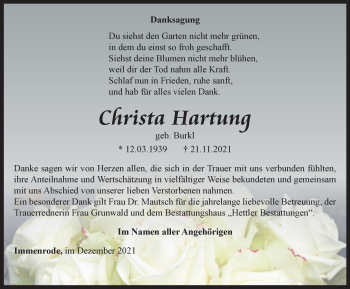 Traueranzeige von Christa Hartung von Thüringer Allgemeine