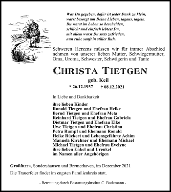 Traueranzeige von Christa Tietgen