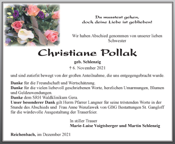 Traueranzeige von Christiane Pollak von Ostthüringer Zeitung