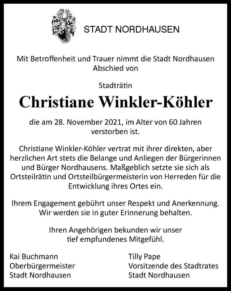  Traueranzeige für Christiane Winkler-Köhler vom 02.12.2021 aus Thüringer Allgemeine