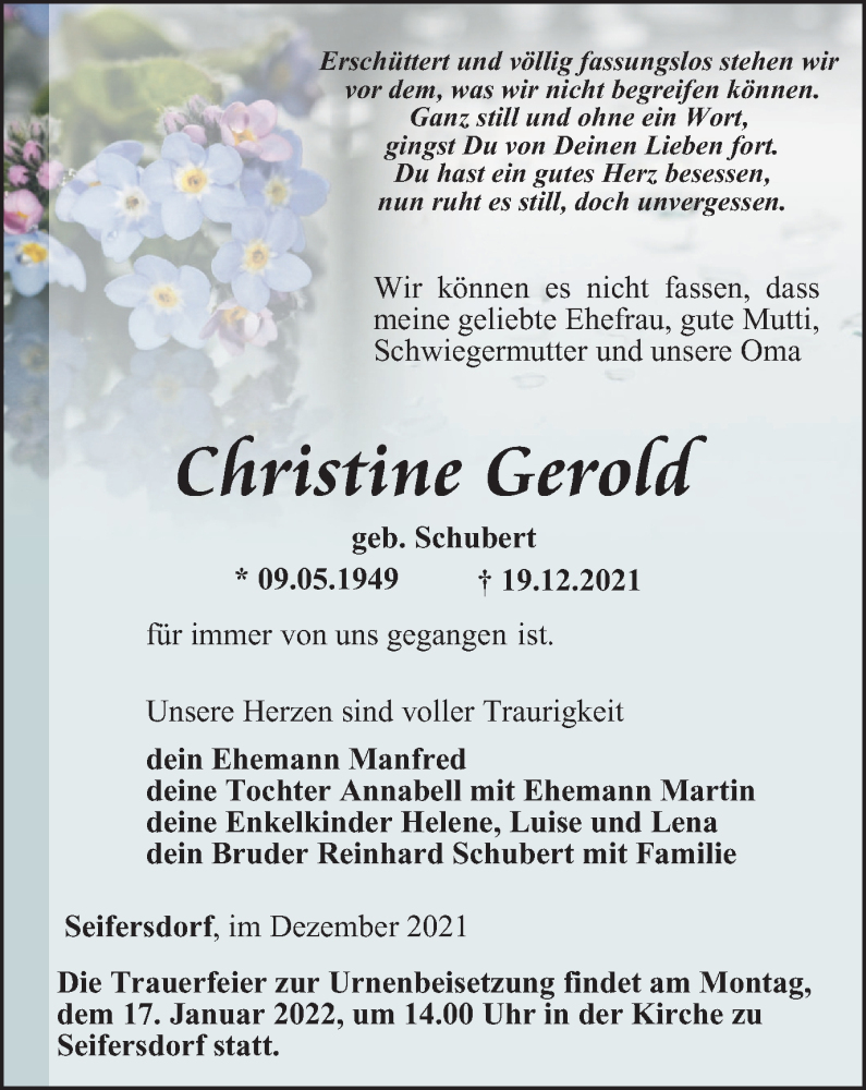  Traueranzeige für Christine Gerold vom 24.12.2021 aus Ostthüringer Zeitung
