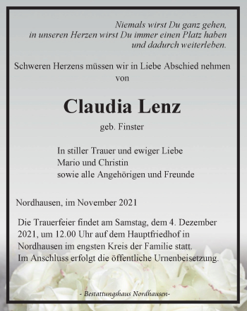 Traueranzeige von Claudia Lenz von Thüringer Allgemeine
