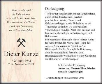 Traueranzeige von Dieter Kunze von Thüringer Allgemeine