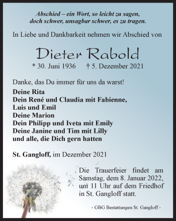 Traueranzeige von Dieter Rabold von Ostthüringer Zeitung