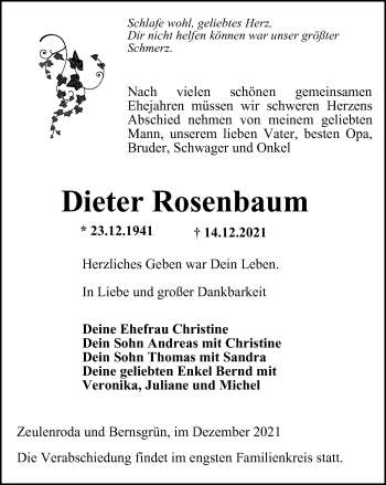 Traueranzeige von Dieter Rosenbaum von Ostthüringer Zeitung