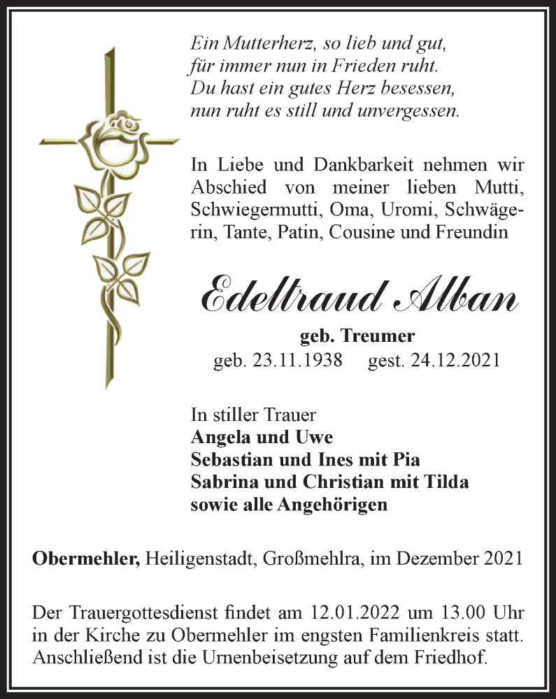  Traueranzeige für Edeltraud Alban vom 31.12.2021 aus Thüringer Allgemeine, Thüringische Landeszeitung