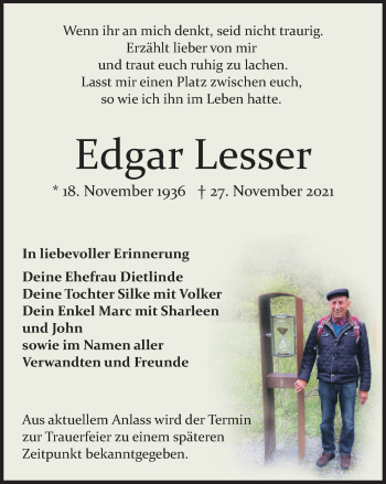 Traueranzeige von Edgar Lesser