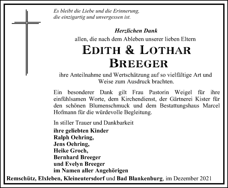  Traueranzeige für Edith Breeger vom 31.12.2021 aus Ostthüringer Zeitung
