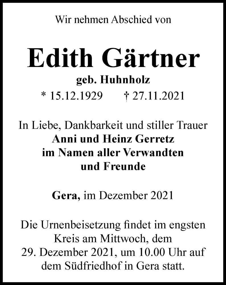 Traueranzeigen von Edith Gärtner trauerinthueringen.de