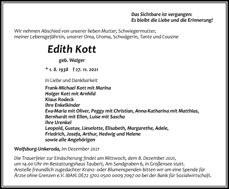  Traueranzeige für Edith Kott vom 04.12.2021 aus Thüringer Allgemeine, Thüringische Landeszeitung