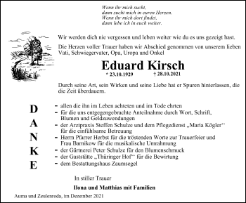 Traueranzeige von Eduard Kirsch von Ostthüringer Zeitung