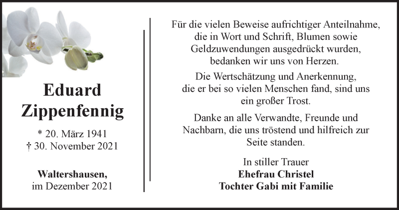  Traueranzeige für Eduard Zippenfennig vom 31.12.2021 aus Thüringer Allgemeine, Thüringische Landeszeitung