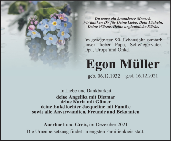 Traueranzeige von Egon Müller von Ostthüringer Zeitung