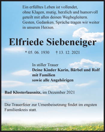 Traueranzeige von Elfriede Siebeneiger von Ostthüringer Zeitung