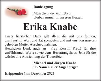 Traueranzeige von Erika Knabe von Ostthüringer Zeitung, Thüringische Landeszeitung