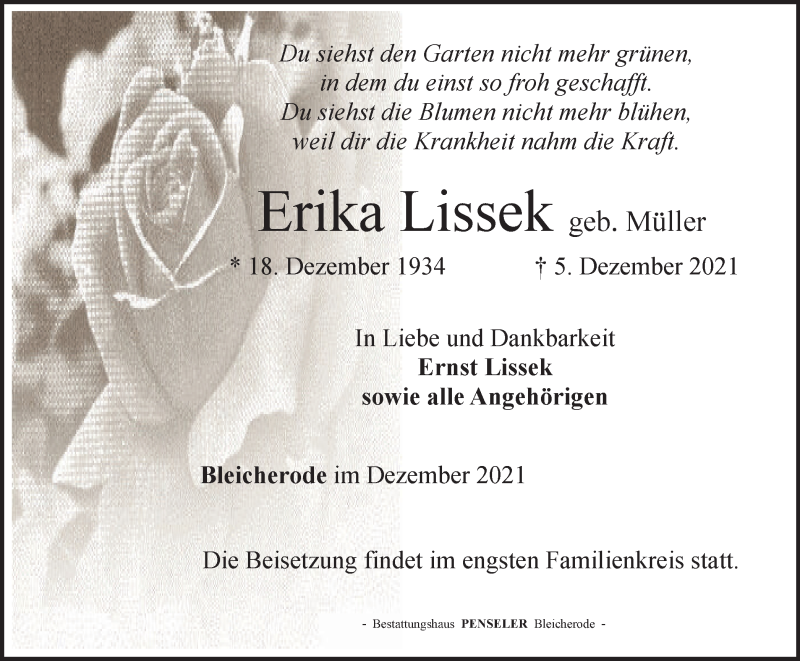  Traueranzeige für Erika Lissek vom 10.12.2021 aus Thüringer Allgemeine