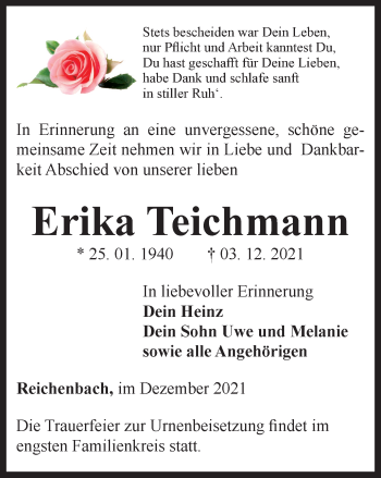 Traueranzeige von Erika Teichmann von Ostthüringer Zeitung