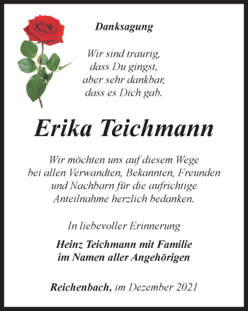 Traueranzeige von Erika Teichmann von Ostthüringer Zeitung