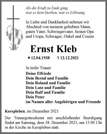 Traueranzeige von Ernst Kleb von Thüringer Allgemeine, Thüringische Landeszeitung