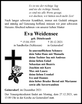 Traueranzeige von Eva Weidensee