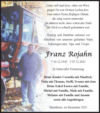 Traueranzeige von Franz Rojahn von Thüringer Allgemeine, Thüringische Landeszeitung