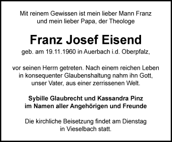 Traueranzeige von Franz Josef Eisend von Thüringer Allgemeine, Thüringische Landeszeitung