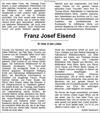Traueranzeige von Franz Josef Eisend von Thüringer Allgemeine, Thüringische Landeszeitung
