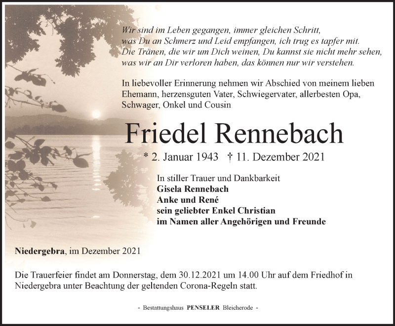  Traueranzeige für Friedel Rennebach vom 18.12.2021 aus Thüringer Allgemeine