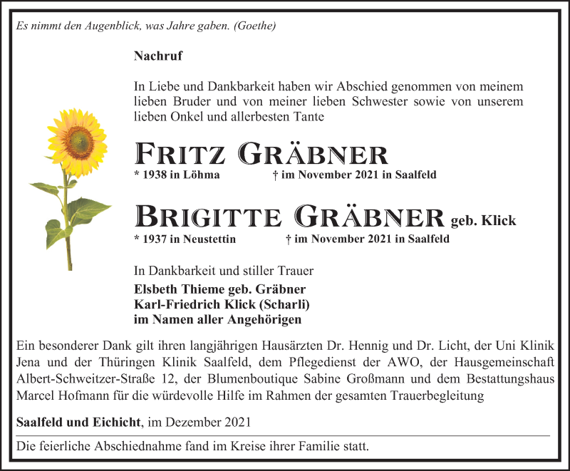  Traueranzeige für Fritz und Brigitte Gräbner vom 04.12.2021 aus Ostthüringer Zeitung